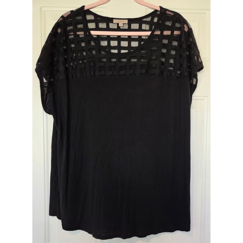 Claudia Richard Black Lattice Mesh Yoke Short Sleeve Top Plus Size 3X